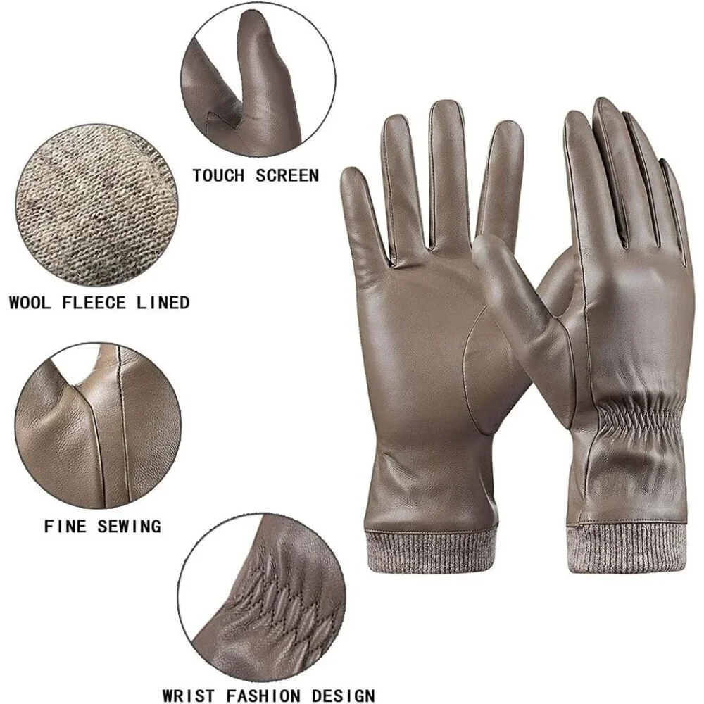 Women's Khaki Wool Fleece Lined Warm Touchscreen Thick Thermal Snow Gloves